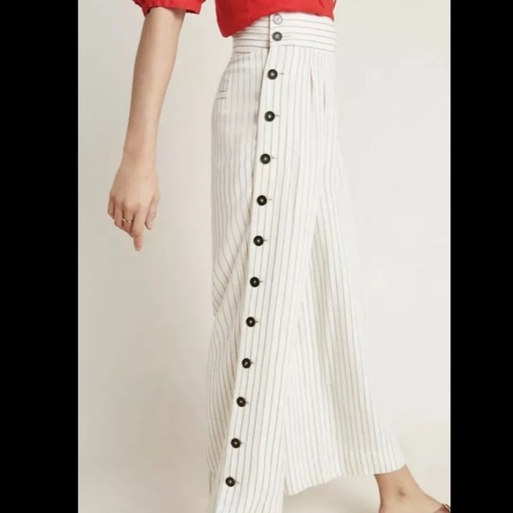 Anthropologie Pants - Anthropologie Cream Beige Striped Side Button Wide Leg Pants Size 6
